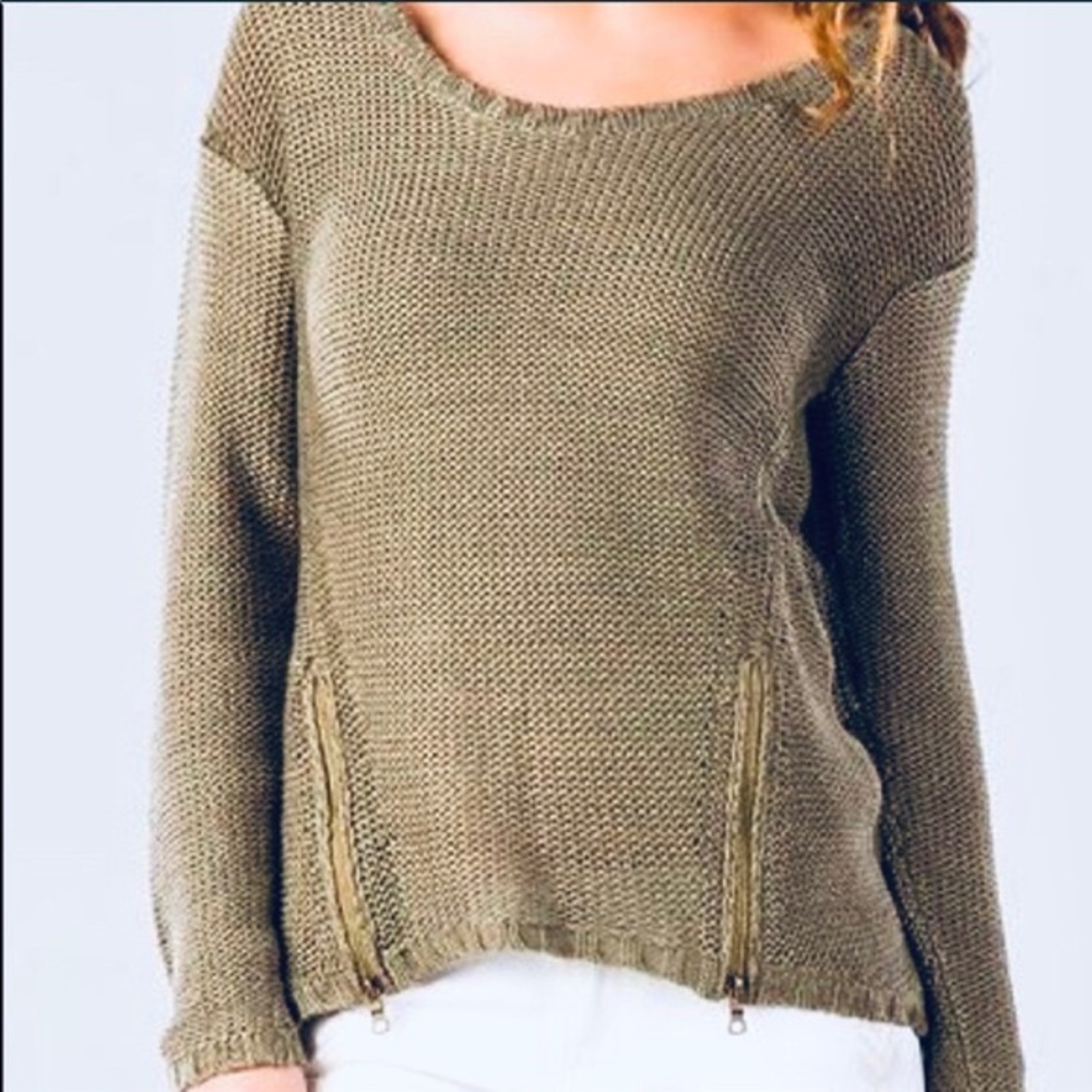 Olive Green Scoop Neck Sweater with Zippers